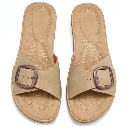 Ecetana Womens Flat Slides Sandals Comfortable with Adjustable Buckle