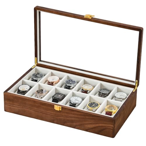 Image of Solid Black Walnut Watch Box, 12 Slot Wooden Watch Organizer with Glass Lid, High-End Watch Display Case Jewelry Storage Box, Gift for Husband, Dad, Birthday, Anniversary, Father's Day, Men and Women