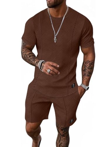 UOUA Mens Short Sets Summer 2 Piece Outfits Casual Short Sleeve Jogging Tracksuits
