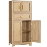 TEENFON 47.2' H Tall Storage Cabinet with Adjustable Shelf, Rattan Cabinet with Large Drawer, Cupboard for Living Room, Dining Room, Entryway, Home Office, Natural