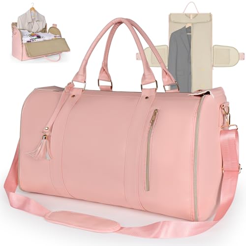 Geestock Bolsas de ropa para viajes, bolsa de lona de cuero sintético para mujer con bolsa para zapatos, bolsa de viaje convertible 2 en 1 (rosa)