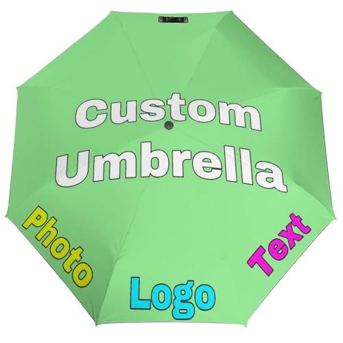 EXYLANOR Custom Umbrella with Logo Design Your Own Personalized with Any Text Image Picture Folding Portable Windproof Umbrellas for Rain Sun Customized Gifts for Men Women, LightGreen