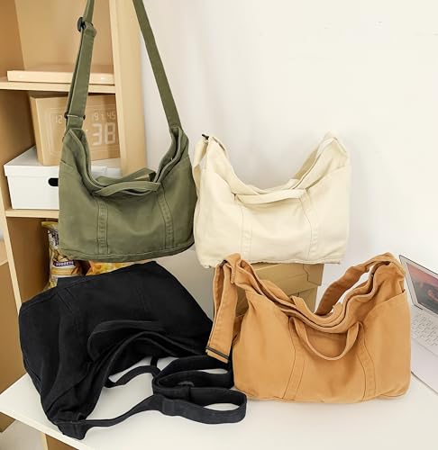 Image of Cotton Tote Handbag Women Canvas Crossbody Beach Bag Hobo Shoulder Tote Bag with 3 External Pocket,Zipper Closure