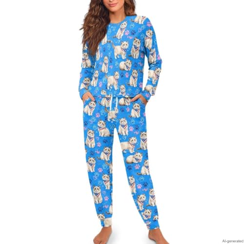 Image of Women's 2 Piece Printed Pajama Set Long Sleeve Sleepwear Set with Long Pants Casual Lounge Sets with Pocket