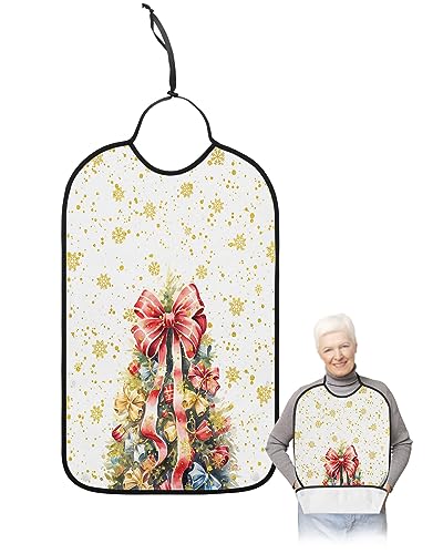 Kewadony Adult Bibs for Elderly Women - Red Bow-Knot Christmas Waterproof Dining Clothing Protectors with Crumb Catcher for Eating/Feeding, Xmas Tree Winter Snowflake Terry Cloth Bib Machine Washable