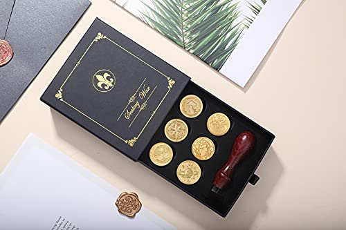 Wax Seal Stamp Gift Box Set, 6 Pcs Sealing Wax Stamps Copper Seals 1 Wooden Hilt, Wax Stamp Kit For Cards Envelopes, Gift Packaging (Vast Universe Series) #TOP2