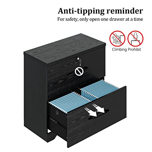 2 Drawer Wood Lateral File Cabinet With Lock, Home Office Storage Filing Cabinet With Anti-Tilt Mechanism With 8 Hanging Bars For Letter/Legal Size Heightened Drawer Side (Black) #TOP4