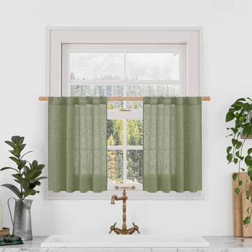 LAMIT Sage Green Linen Curtains 24 Inch Length, Semi Sheer Light Filtering Window Panels Back Tab and Rod Pocket Drapes for Basement/Small Windows, 25 x 24 Inch, 2 Panels