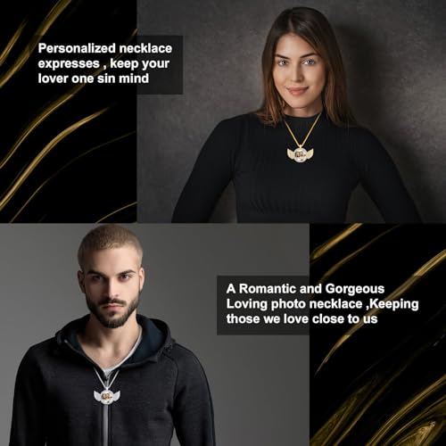 Valyria Picture Necklace Personalized Photo for Men Women Angel Wings Custom Necklace with Picture Inside Circle Chain with Wings Memory Chain Necklace Hip Hop Jewelry