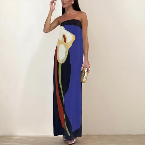 Image of Zwirelz Women Strapless Maxi Dress Boho Floral Print Flowy Long Tube Dress Off Shoulder Loose Beach Sundress