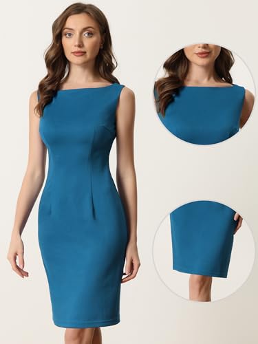 Image of Allegra K Sheath Dress for Women's Business Teacher Sleeveless Boat Neck Dressy Casual Office Dresses