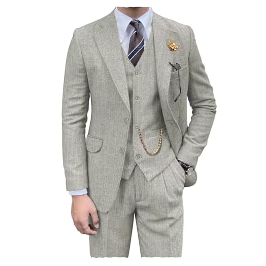 Pyiuhs Masculino Terno De 3 Peças Em Tweed Espinha Peixe, Mistura Lã, Corte Slim, Festa Formal, Jantar, Smoking, Conjunto Ternos Negócios, Jaqueta, Blazer, Colete, Calças, Cinza Claro, Ta