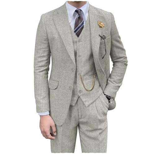 Herringbone Tweed 3 Piece Mens Suit Wool Blend Slim Fit Men Suits Formal Party Dinner Tuxedo Set Business Suits Jacket Blazer Vest Pants Light Grey L