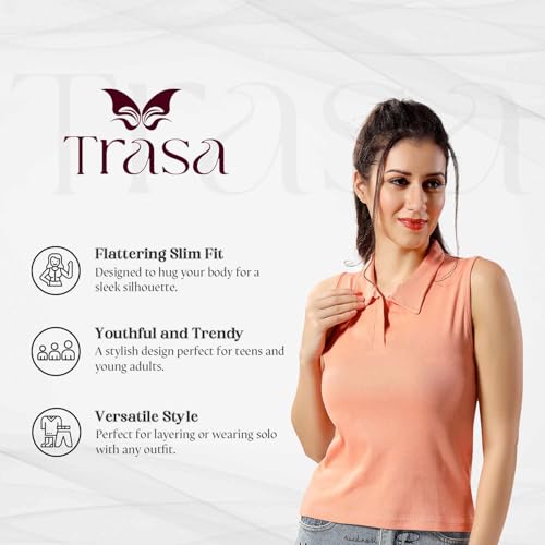 Image of TRASA Women's Sleeveless Rib Knitted Cotton Racer Back Tank Tops Collared Neck Crop Tank Tops - Available Sizes -XS, S, M,L,XL,2XL