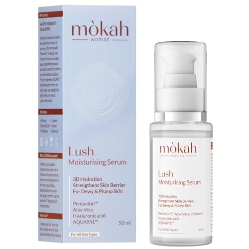 Mòkah Lush Moisturising Serum for 3D Hydration & Barrier Protect | 6 Actives, Hyaluronic Acid, 3% Aloe Vera for Plump Skin I Pentavitin™ Hydration Last for 72 hrs | Non-sticky & Light, 50 ml Mòkah Lush Moisturising Serum for 3D Hydration & Barrier Protect | 6 Actives, Hyaluronic Acid, 3% Aloe Vera for Plump Skin I Pentavitin™ Hydration Last for 72 hrs | Non-sticky & Light, 50 ml