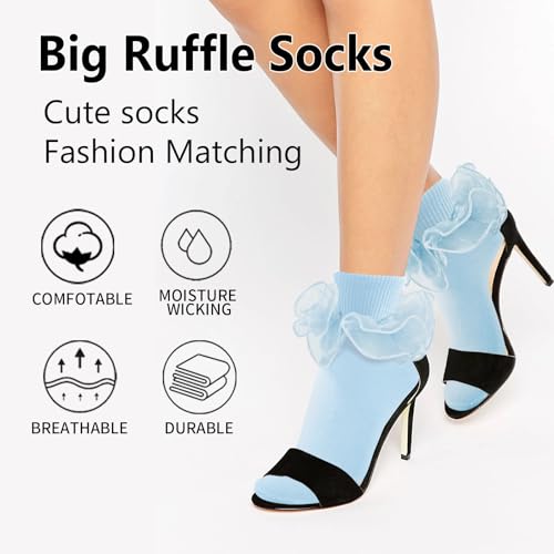 Image of Women Big Ruffle Ankle Socks Adult Double Lace Frilly Socks Fold Cuff Cotton Ruffled Dress Crew Bobby Bride Sock