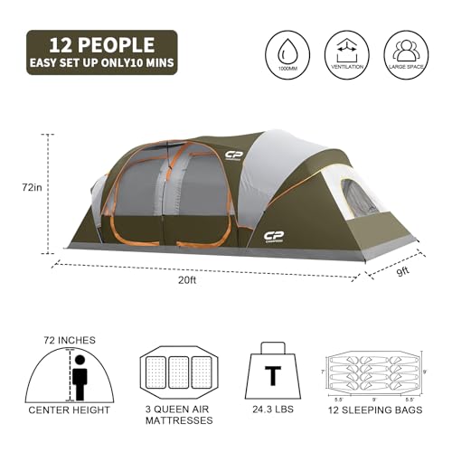 Image of CAMPROS CP Tent 12-Person-Camping-Tents,3 Room Family Tents,Waterproof Windproof Family Tent with Top Rainfly,6 Large Mesh Windows,Double Layer,Easy Set Up, Portable with Carry Bag-20' x 9' x 72 inch(H)
