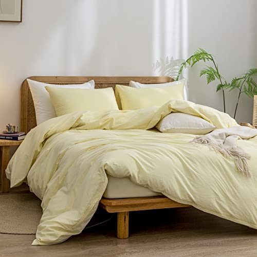Image of BESTOUCH Cotton Solid Duvet Cover Set Linen Feel Light Yellow Queen | 100% Washed Cotton, Soft Wrinkle Texture, Hidden Zipper, 8 Ties, Breathable Lightweight Durable Comfy, 3 Pcs No Insert