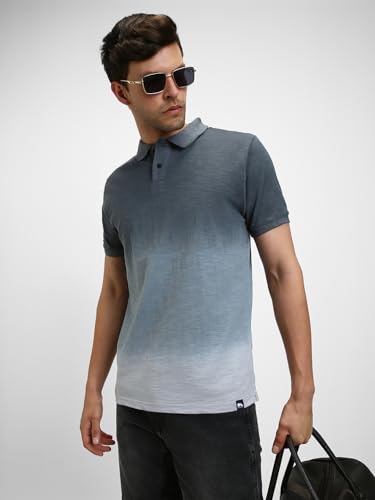 Image of Dennis Lingo Men's Cotton Black Ombre-Dyed Slim Fit Button-Down Short Sleeve Polo Tshirt