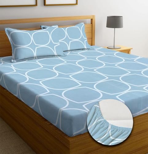 NEW LEAF Premium Cotton Elastic Fitted Bedsheets with 2 King Size Pillow Covers Double Bed with All Around Elastic Supersoft Size - 72 King Sizex78+10