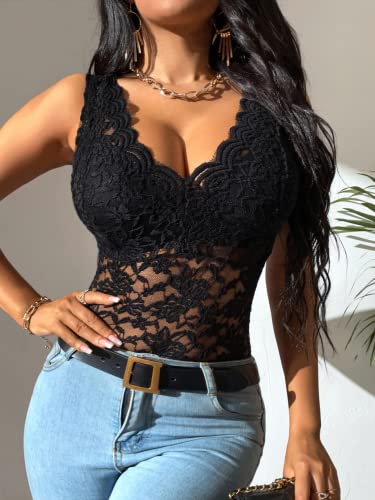 OYOANGLE Women's Sleeveless Mesh Floral Lace Scallop V Neck Backless Tank Top Blouse3