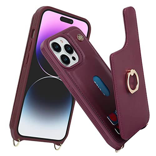 Image of for iPhone 14 Pro Max Case with Card Holder for Women,Phone Case with Strap,Crossbody Lanyard,Ring Stand,Snap Clasp,Cute Wallet Cases 6.7 inch (Wine Red)