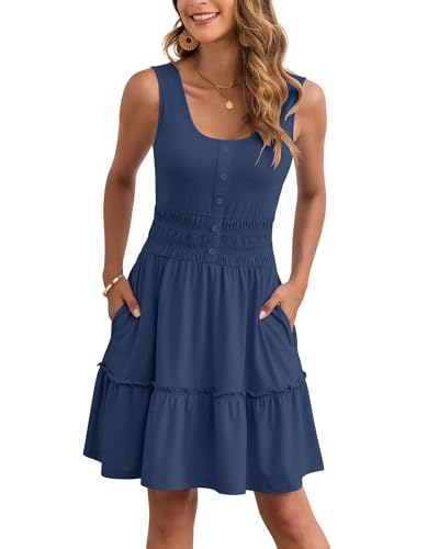 AUSELILY Women Summer Dress Sleeveless Tank Button Down Dresses Tiered Smocked Elastic Waist with Pockets