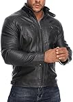HOOD CREW Mens Retro Bomber Leather Jackets Stand Collar Faux Leather Motorcycle Jacket with Zipper Pockets