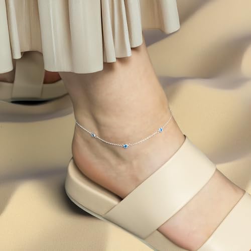 Image of Amberta Italian Sterling Silver Anklet for Women 925 | Adjustable Ankle Bracelets for Women Beaded Heart Summer Jewellery