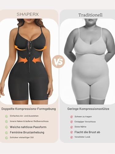 SHAPERX Shapewear Bodysuit Bauchkontrolle Nahtlos Body Shaper Mid-Thigh mit Reißverschluss & Haken Verstellbare Träger Figurformend für Alltag & Party, UK-SZ5862-Black-L/XL