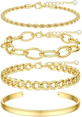 TEN MIRO 16k Gold Chunky Bracelet for Women Trendy, Dainty Gold Chain Bracelet Stack Non Tarnish Gold Bracelet Pack Chunky Layered Cable Rope Snake Chain Cuban Link Bracelet
