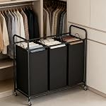 LINZINAR 3 Section Laundry Hamper Sorter, Black Laundry Basket with Wheels - Image 4
