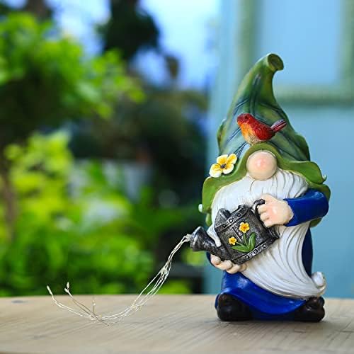 NGOKGA Solar Gnome Garden Ornaments Outdoor Statue with Watering Can LED Lights,Waterproof Dwarf Figurine Decor with Solar Fairy Lights for Balcony,Garden,Patio, Porch,Yard Art,Lawn Decorations-26CM