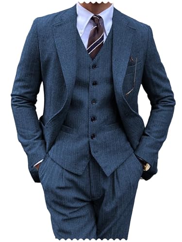 Men's Retro 3 Piece Herringbone Tweed Suit Wool Tuxedos Set Groom Wedding Prom