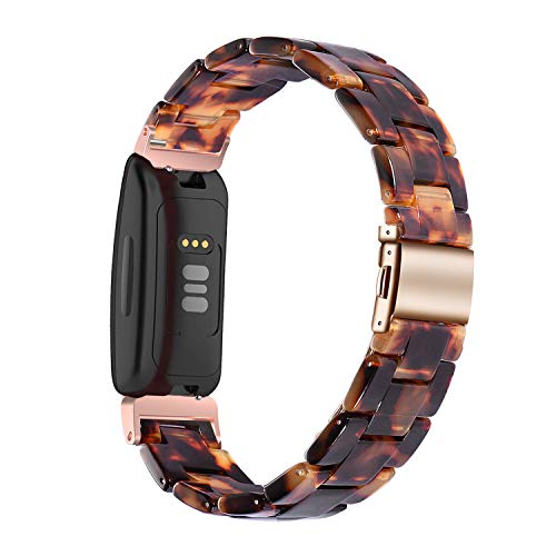 Image of Wongeto Compatible with Fitbit Inspire 2 & Inspire /Inspire HR Bands for Women Girls, Resin Strap with Stainless Steel Buckle Replacement Bands for Fitbit Inspire accssorises (Rose Gold+Tortoise)