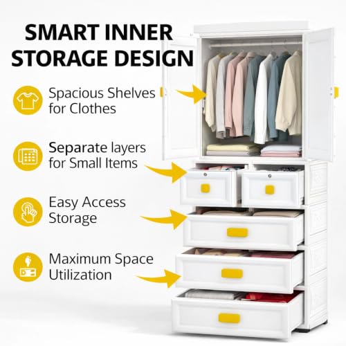 Image of Kids Plastic Collapsible Wardrobe Organizer for Storage with Drawers | Cute Cartoon Design | Heavy Duty Runner Rug Floor Mat Carpets Organizer Bedroom, Living Room (White, 2+4-Door)
