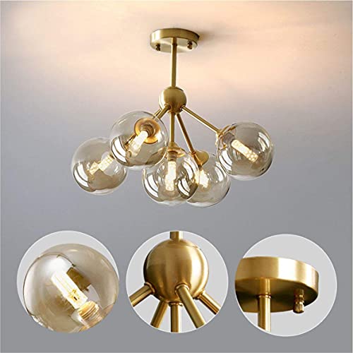 Kco Lighting 5-Light Amber Glass Globe Chandelier Brush Gold Semi Flush Mount Ceiling Light Mid-Century Modern Close To Ceiling Light For Living Room Bedroom Foyer (5-Light) #TOP2