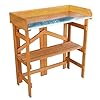 Folding utility table potting bench natural stained with adjustable shelf  urban country home decor