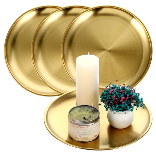 4 Pcs Gold Tray, Round Gold Tray Decorative Serving Jewelry Bar Jewelry Dish Key Bowl Mirror Dresser Decoration Vanity Trays Makeup Organizer for Bathroom Candle Perfume Countertop (9 Inch)
