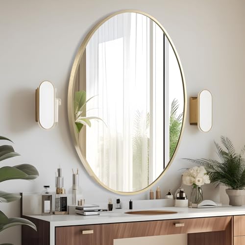 Image of Oval Wall Mirror, 20 inchx28 inch Gold Oval Vanity Mirror, Bathroom Mirror of Metal Frame, Home Decorative Wall Mounted Mirror for Bathroom, Living Room, Entryway, Vanity