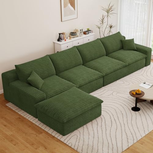 Image of 136 inch Cloud Couch Modular Sectional Sofa for Living Room, L-Shape Boneless Couch with Deep Seat, Modern Corduroy 6-Seater with Ottoman, No Assembly Required,Green