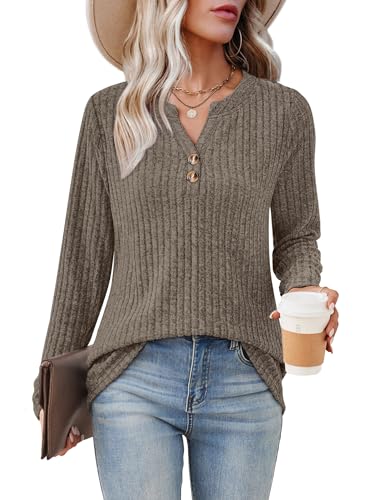 Sampeel V Neck Sweaters for Women Lightweight Long Sleeve Fall Tops 2025 Old Money Clothes Brown Work Shirts Oversized S - Thumbnail 3