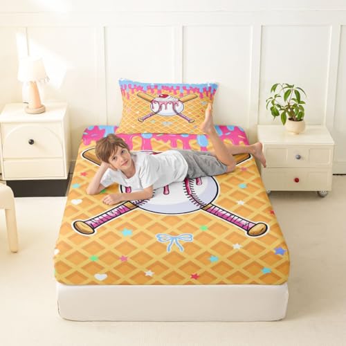 Image of Castle Fairy Baseball Cap Bed Sheets Twin Size,Ice Cream Cherry Plaid Print Easy Wash Bedding Set,Cute Sweet Sports Style Kids Room Decor,Pink Yellow Sheet(Fitted+Flat+1 Pillowcase)