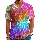 Picture of 80s Psychedelic Hawaiian Shirt Rainbow Short Sleeve Meon Star Button Down Gradient Hippie Theme Party Wear