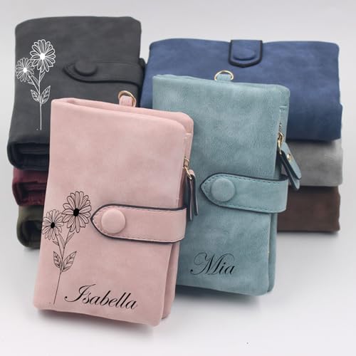 Graduation Gifts for Women Girls - Personalized Birth Month Flower Wallet - Pink Leather Wallet Mothers Day Birthday Gifts for Mom, Purse with Wrist Strap 6