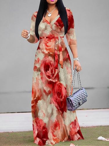 Image of PinkPatty Women's Long Sleeve Maxi Dress Plus Size Trendy Wedding Guest Wrap Dress with Pockets&Belt