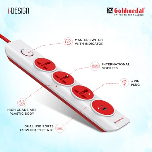 Image of Goldmedal i-Design 4-in-1 Extension Board | 30W PD Fast Charging with Dual USB (A+C) | 2 Meter | 3 Universal Sockets | Multi Plug Power Strip for MacBook, Laptop, iPhone & iPad | White