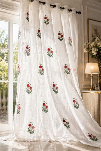Image of LINENWALAS Decorative Cotton Linen Sheer Curtains 7.5 Feet Long for Door Block Printed Floral Door Curtain |Grommet Hanging Style Pack of 2 Panels |Light Filtering Sheer Drapes (Rubby Flora, 7.5 Feet)