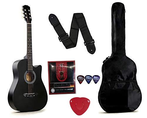 SHARMA MUSICAL STORE Acoustic Guitar (Black) With Cover, String Set, Belt, 5 Plectrum, Pick Holder