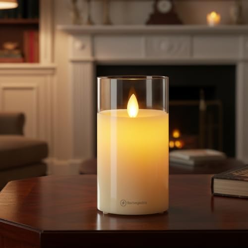 Image of LTETTES Real Wax LED Glass Pillar Flameless Rechargeable Candles | White Glass | USB Type-C Wireless Charging Cable | Remote Control Included | Home Decor & Gifting | Set of 1 (7.5 x 15.8 cm)